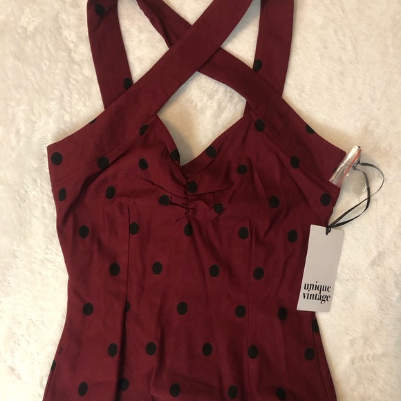 NWT Unique Vintage Burgundy & Black Polka Dots Porter Top - Picture 2 of 3